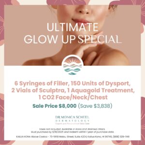 6 Syringes of Filler, 150 Units of Dysport, 2 Vials of Sculptra, 1 Aquagold Treatment, 1 CO2 Face/Neck/Chest